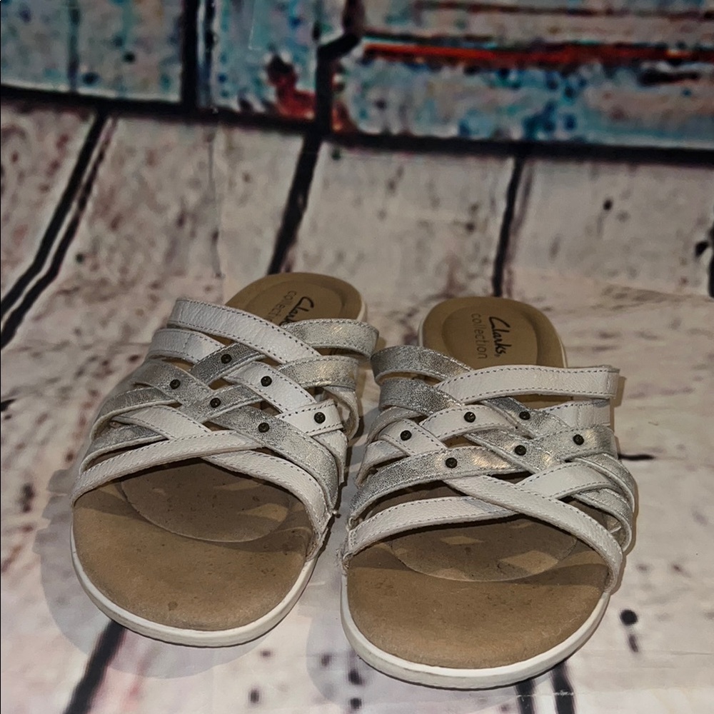 Clarks Silver Strappy Slide Sandals
